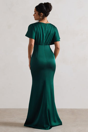 Marisa Dark Green Satin V-Neck Flutter-Sleeve Maxi Dress